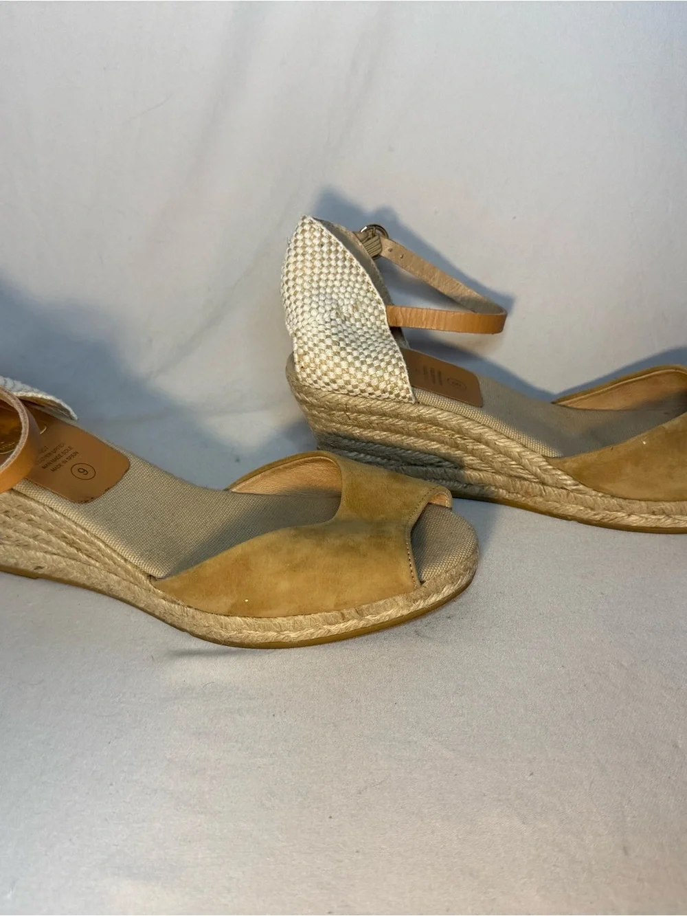 kanna Two-Tone Suede Peep-Toe Wedge Sandals in Tan and Cream